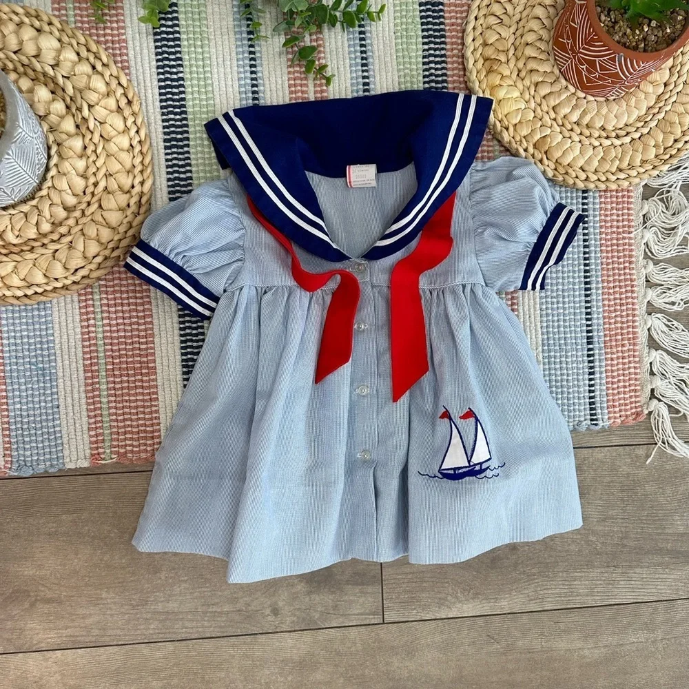 Vintage Nautical Sailor Dress Embroidered Sailboat 24 Months Baby Toddler Girl